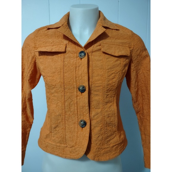 Coldwater Creek Jacket Women Size 8 Textured Floral Matelasse Orange Button Up - Picture 10 of 10